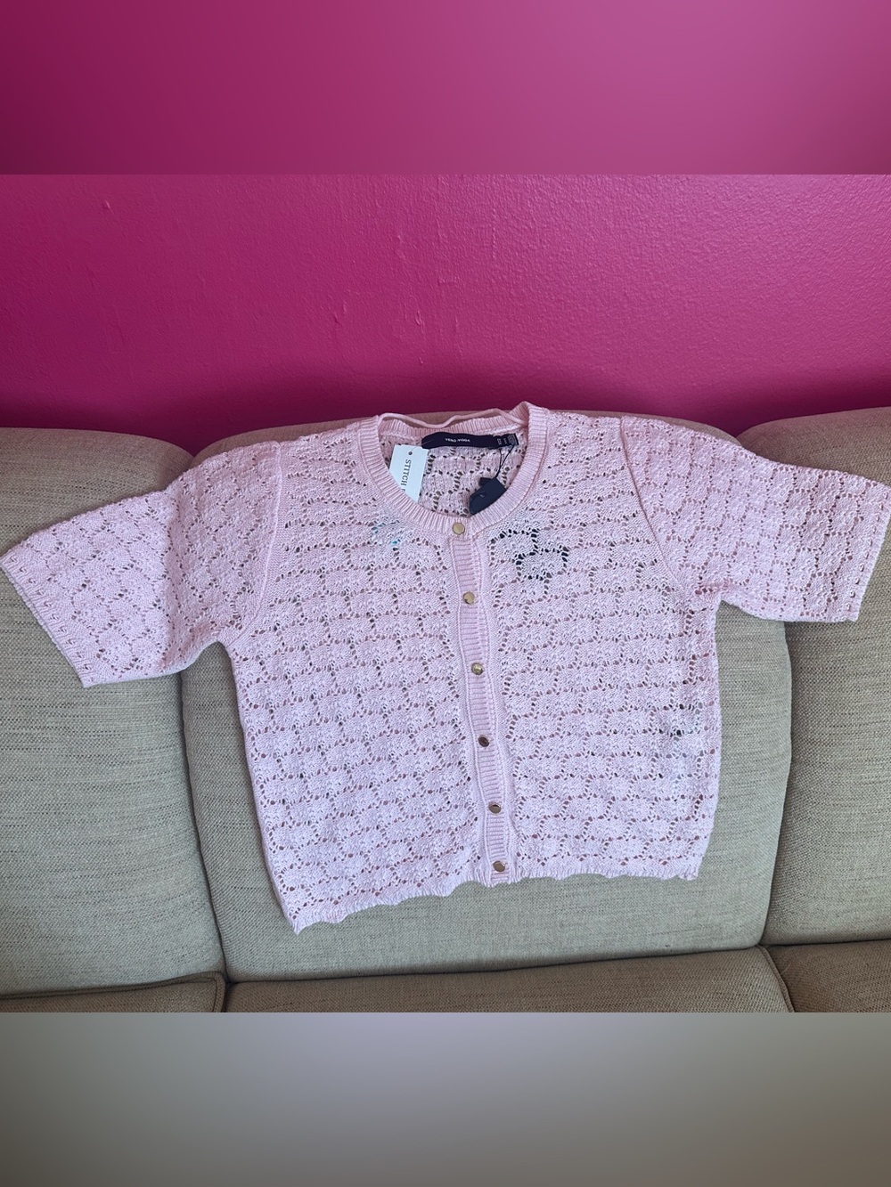🆕 🩷 VERO MODA 'VMKora' Crochet 2/4 O- Neck Button Pink- a- Boo Cardigan🩷 - Picture 5 of 8
